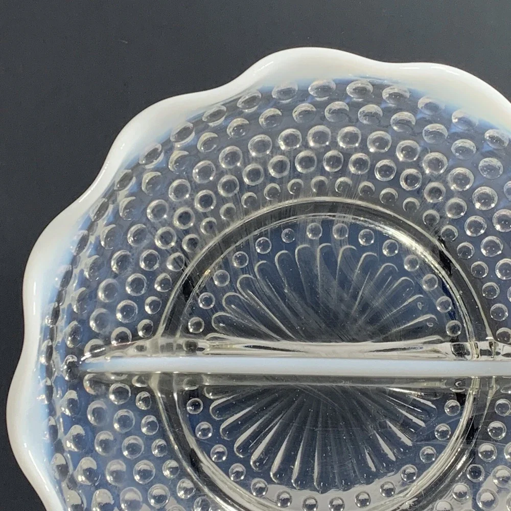 Anchor Hocking White Opalescent Hobnail Glass Divided Relish Dish Ruffled Vtg